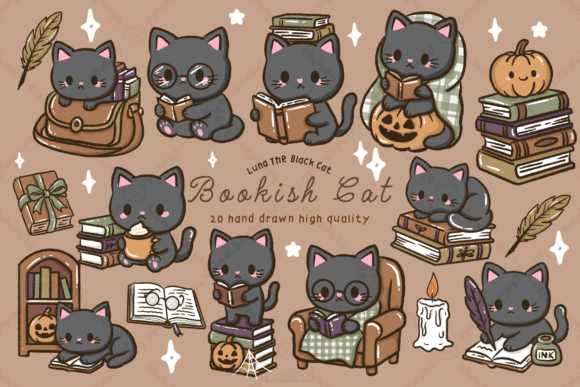 Download Kawaii Black Cat Bookish Fall Clipart - Kawaii Collection