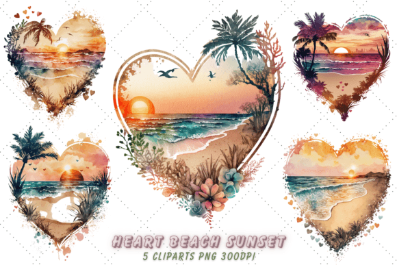 Download Heart Beach Sunset Watercolor Clipart - Premium Bundle